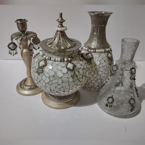 Glass Vase Jar Candle Holder Home Decor 4 Pc Set. Bead Bell Sliver Cream Mosaic